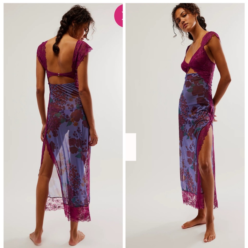 Lace-Trim Sheer Floral Chemise in Plum
